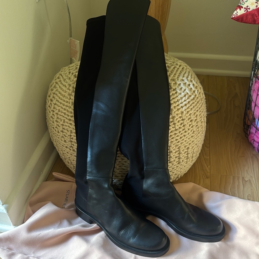 Stuart Weitzman 50/50 Lift Black Leather Stretch Over-The-Knee Boots